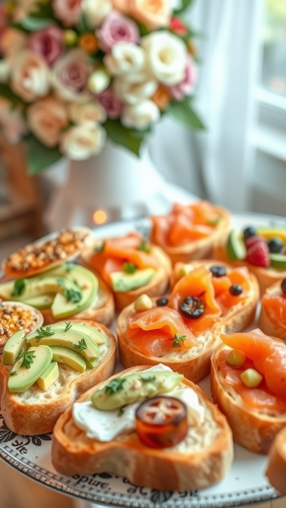 A platter of assorted wedding toasts with toppings like avocado, smoked salmon, and jam, garnished with herbs.